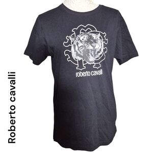 Roberto Cavalli Black Tee with B&W Tiger Graphic Print Size Large